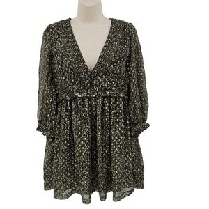 Urban Outfitters Babydoll Dress Women 10 Black Green Floral Mini Preppy Festive